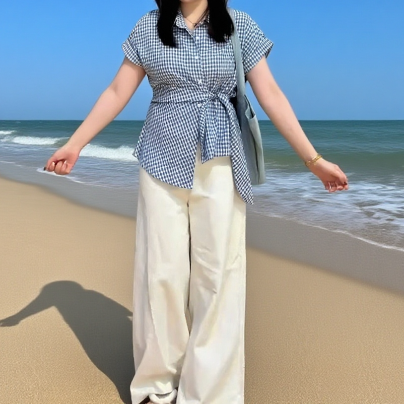 하프 기장 허리 조임 스트랩 체크 반팔 셔츠 정면 이미지