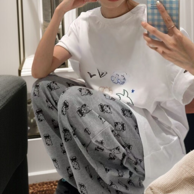 캐주얼 와이드 팬츠 여 가을 프린트 고양이 바지 슬랙스 캐릭터 여 바지 케이티 캐주얼 바지