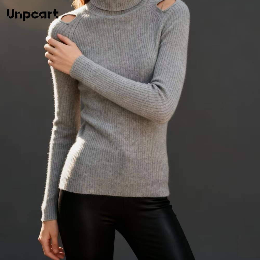 가을과 겨울을 위한 여성용 회색 두꺼운 울 니트 스웨터, 고급스러운 느낌, 몸에 꼭 맞는 허리 탑