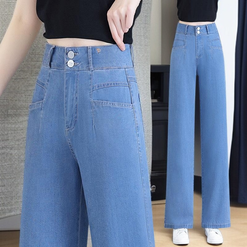 텐셀 일자 청바지 여성복 여름 신상 하이웨스트 얇은 날씬해 보이는 캐주얼 와이드핏 팬츠