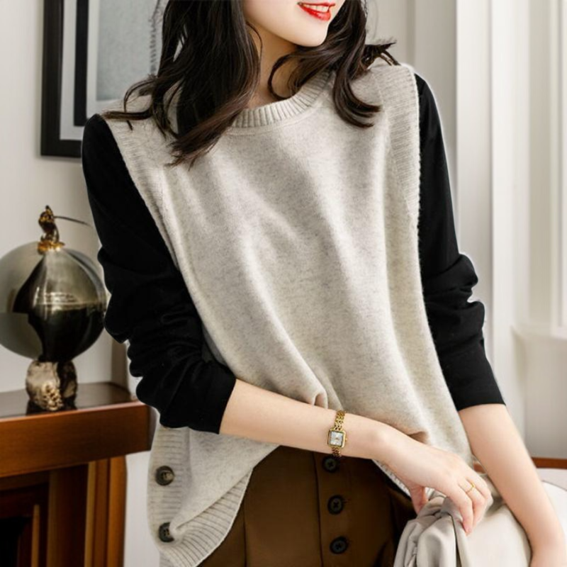 春/秋の新作ミスティブルーニットベスト、エレガントで若々しい、ラウンドネック、アーティスティックスタイル、カジュアルなレディース服。