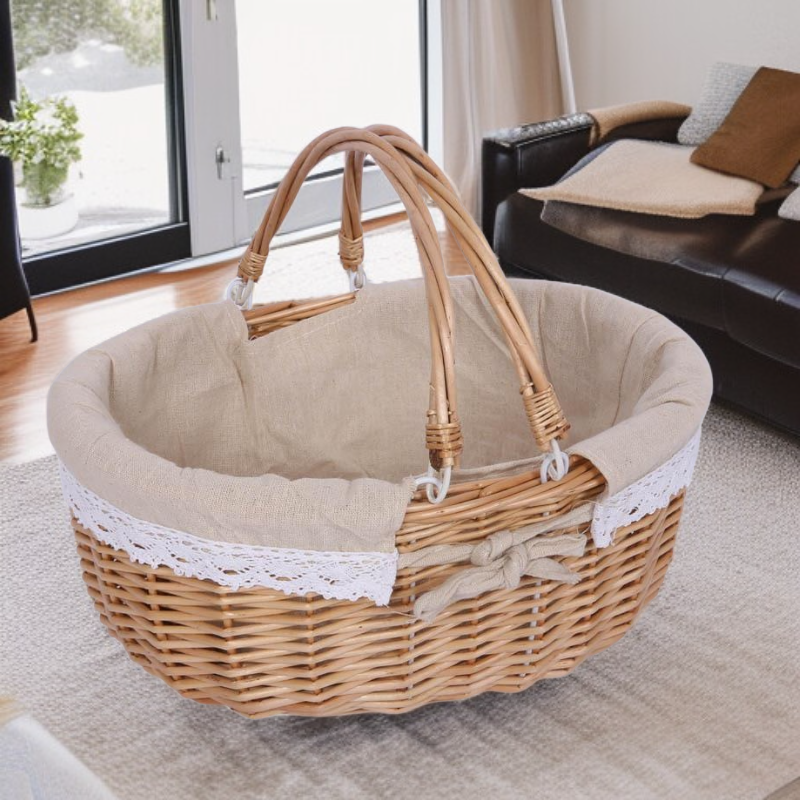 ダブルハンドルのリネンウィッカー製ピクニックバスケット