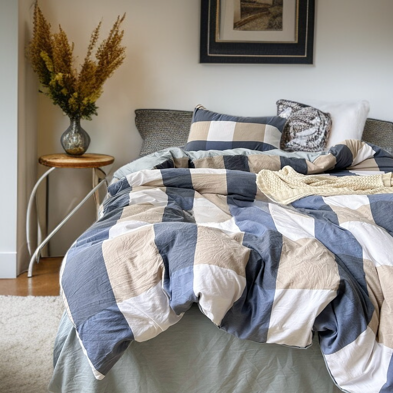 シンプルなチェック柄の4点寝具セット
