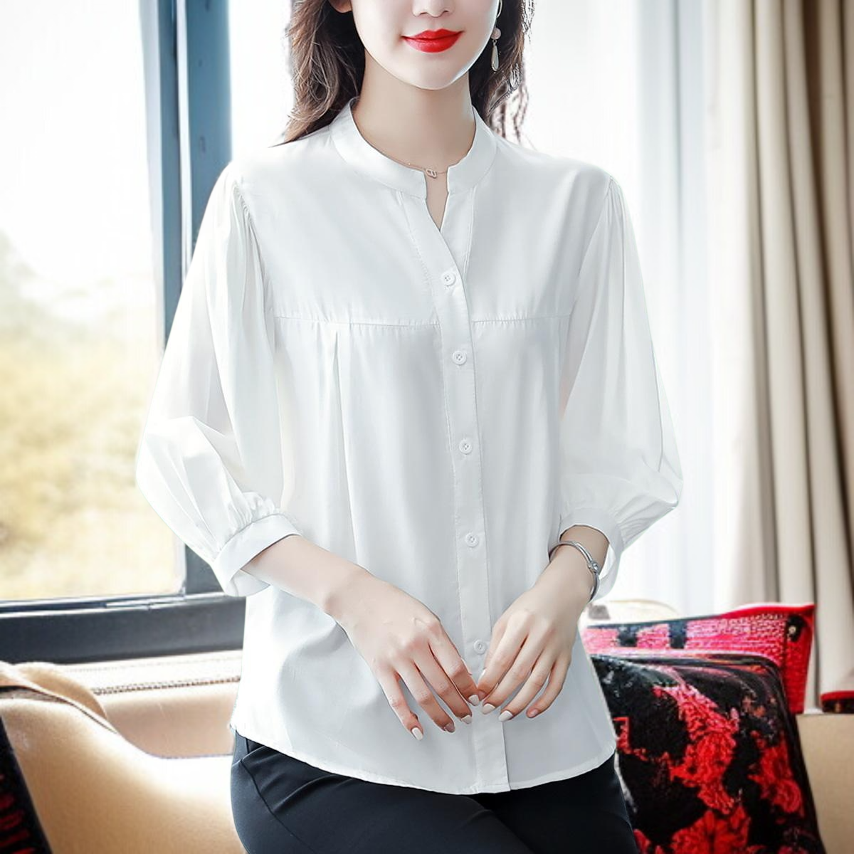 면 마 셔츠 여 린넨 상의 고급 반팔 칠부 소매 엄마 루즈핏 배 가리개 블라우스 고급스러움