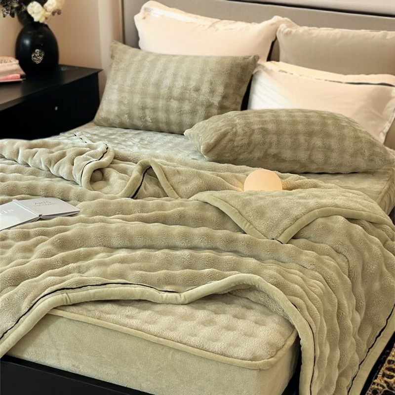 Juego de cama de terciopelo de burbujas con sábana lisa y colchón grueso de felpa