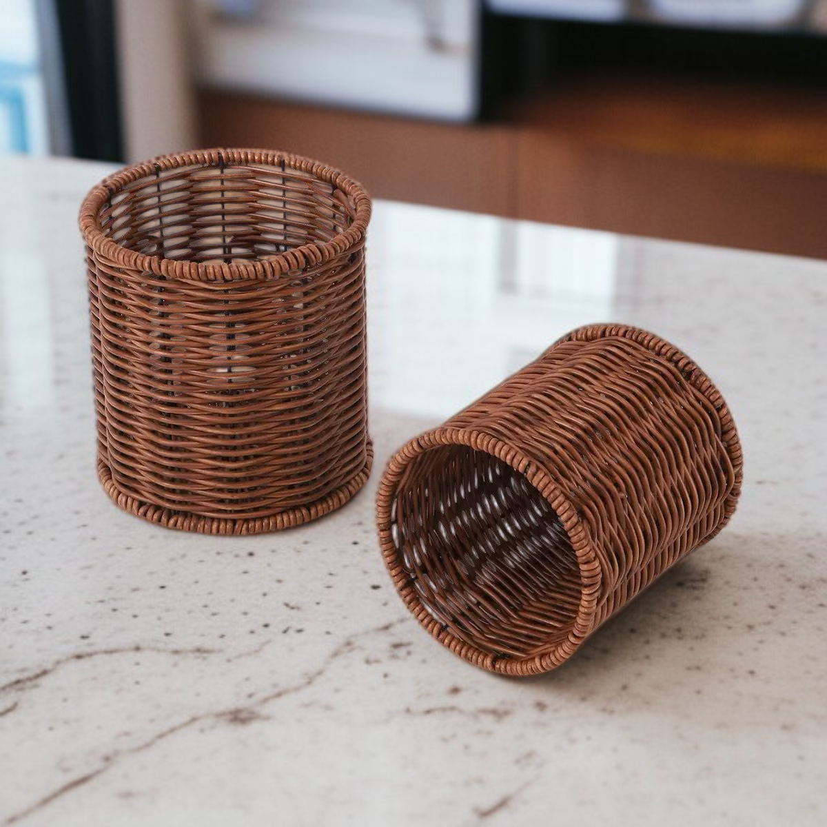 Western-Style Cutlery Organizer Basket, Faux Rattan Cutlery Drainer