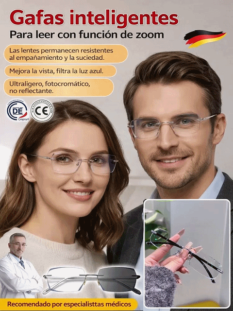 Lentes de titanio autoenfoque 0.1s: Ve cerca, lejos y cambian a lentes de sol.