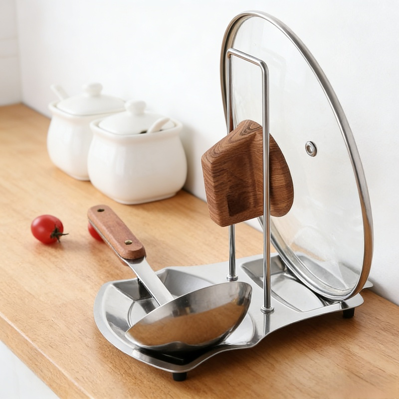 廚房免打孔不銹鋼鍋蓋勺架收納置物架帶沥水盤