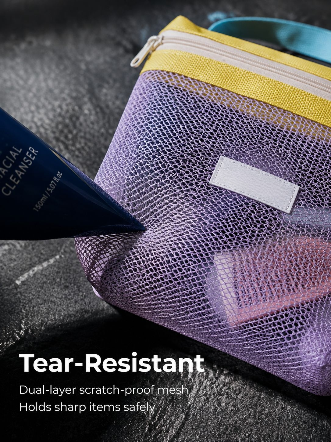 Portable bathroom essentials bag with durable breathable mesh design
