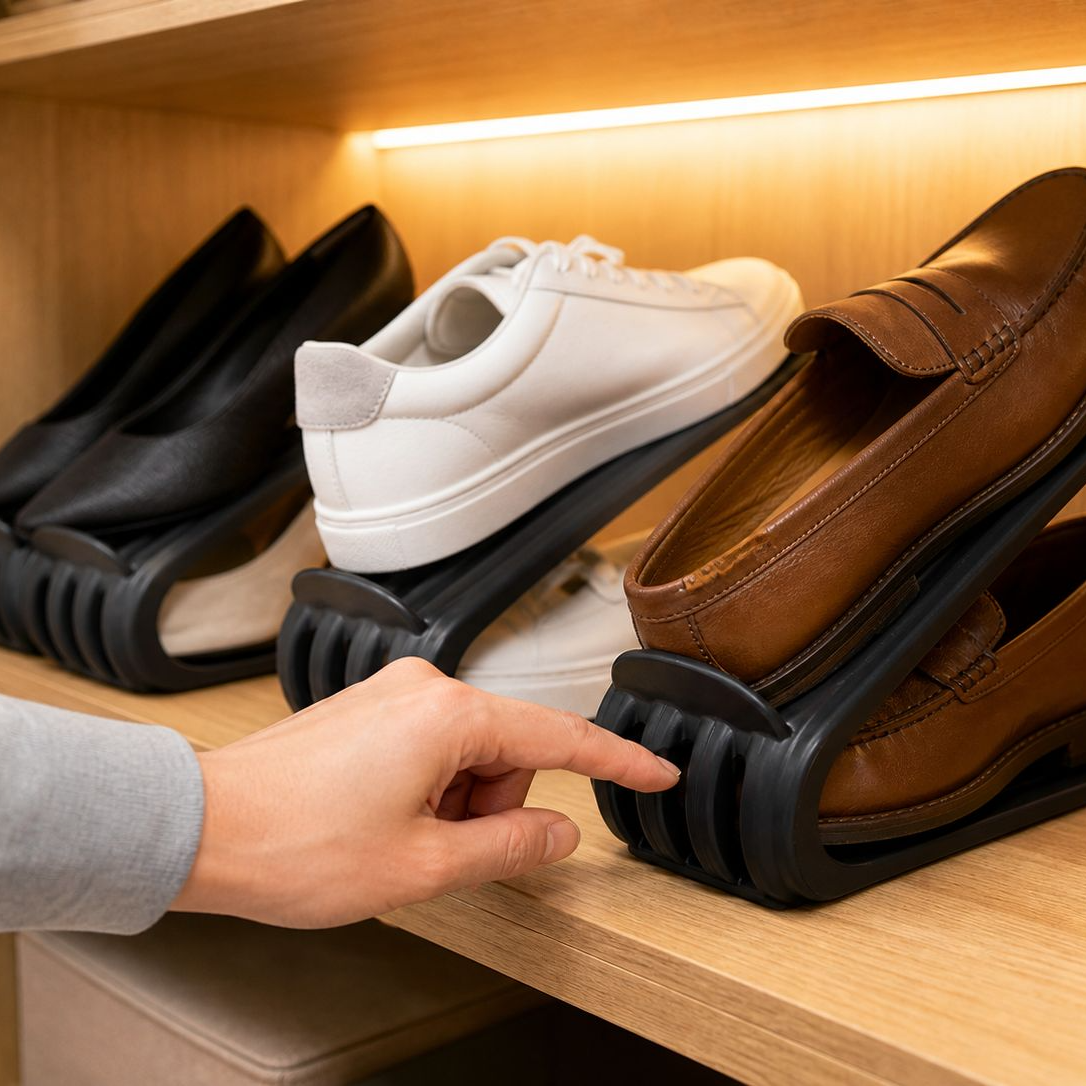 Platzsparendes, faltbares Doppel-Schuhregal mit Schuhablage