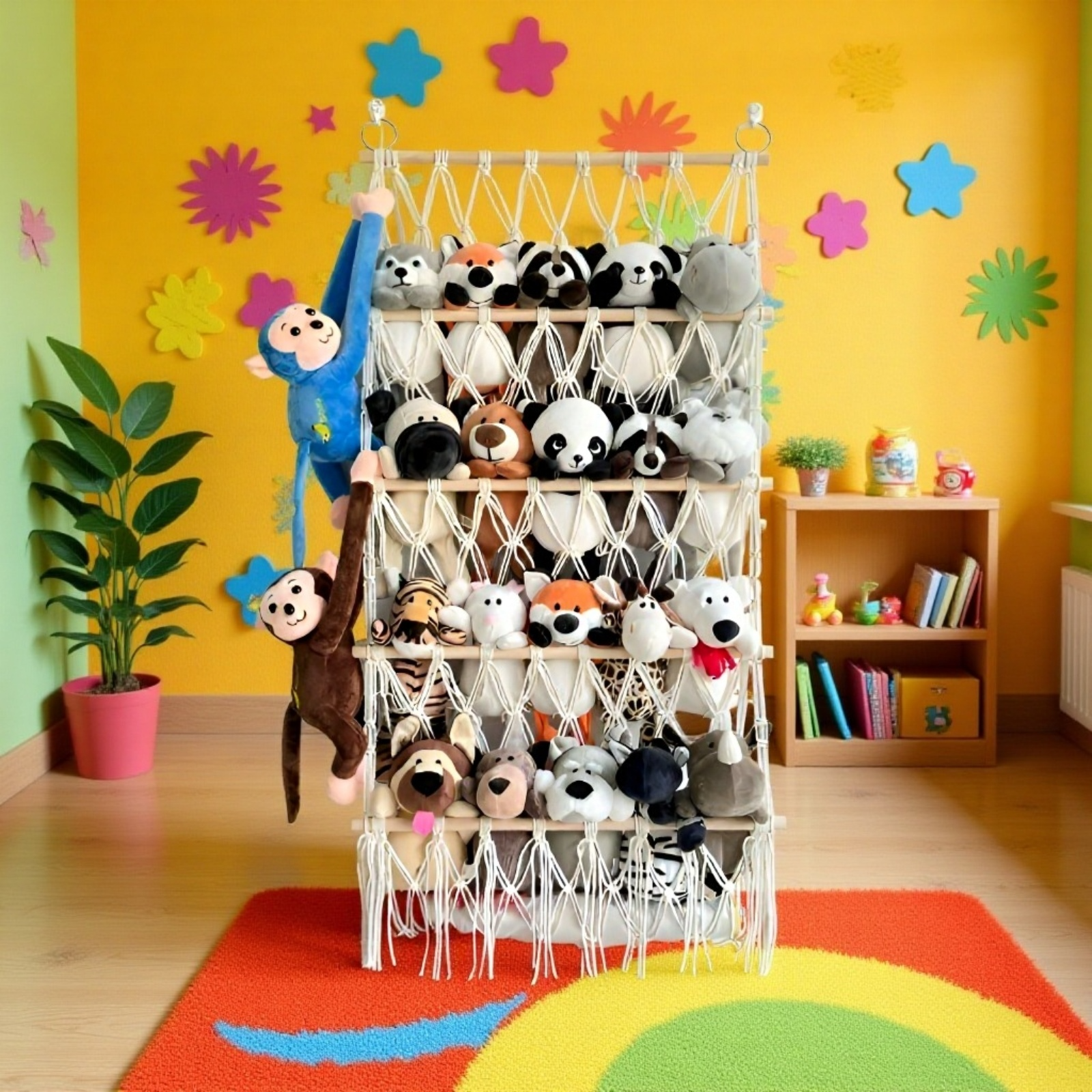 Wisząca siatka na zabawki z czterema drewnianymi poziomami 