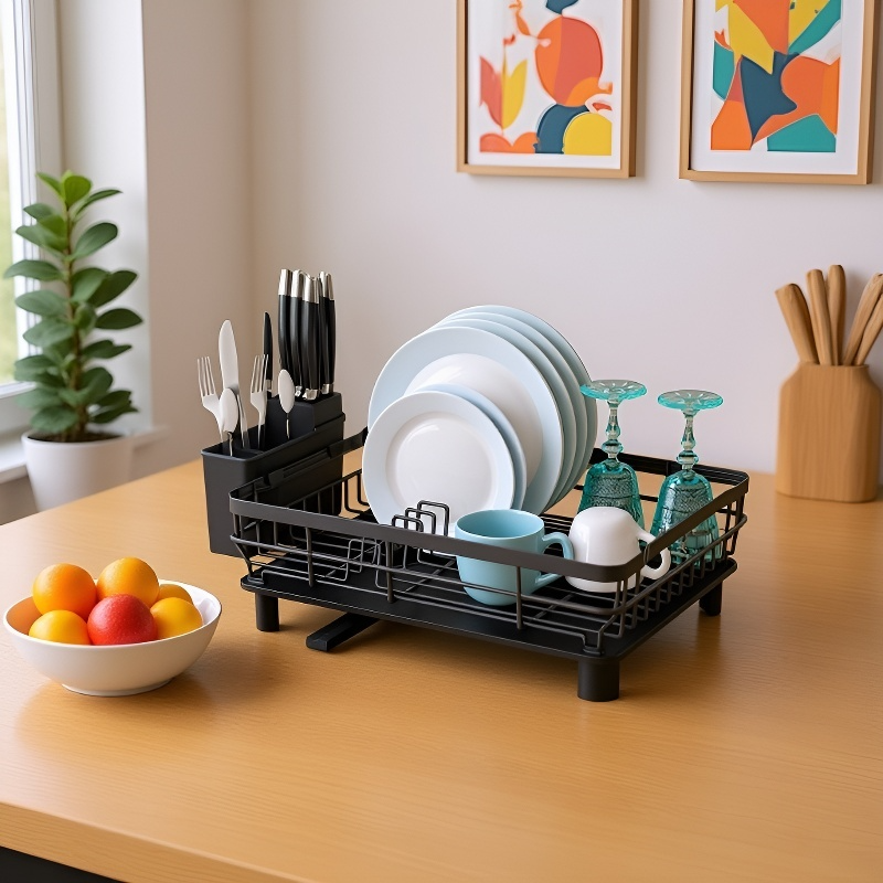 Platzsparende Küchengeschirrablage mit Besteckhalter