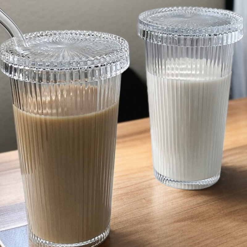 심플 스타일 세로줄무늬 뚜껑 빨대컵 물컵 커피컵 세트