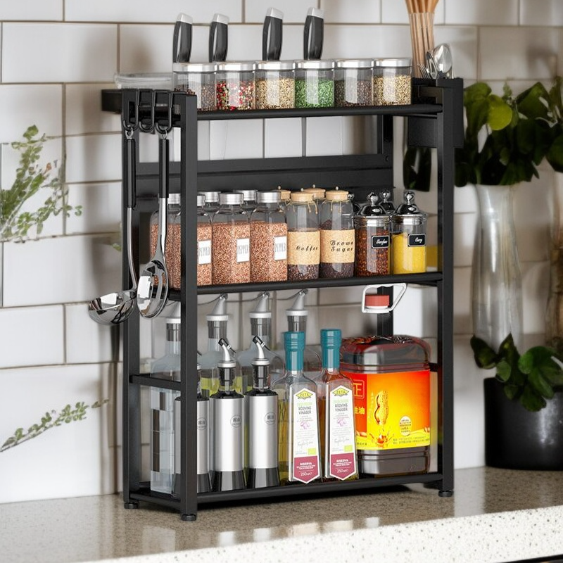  多機能キッチン収納ラック ステンレス製 調味料収納用 ブラック