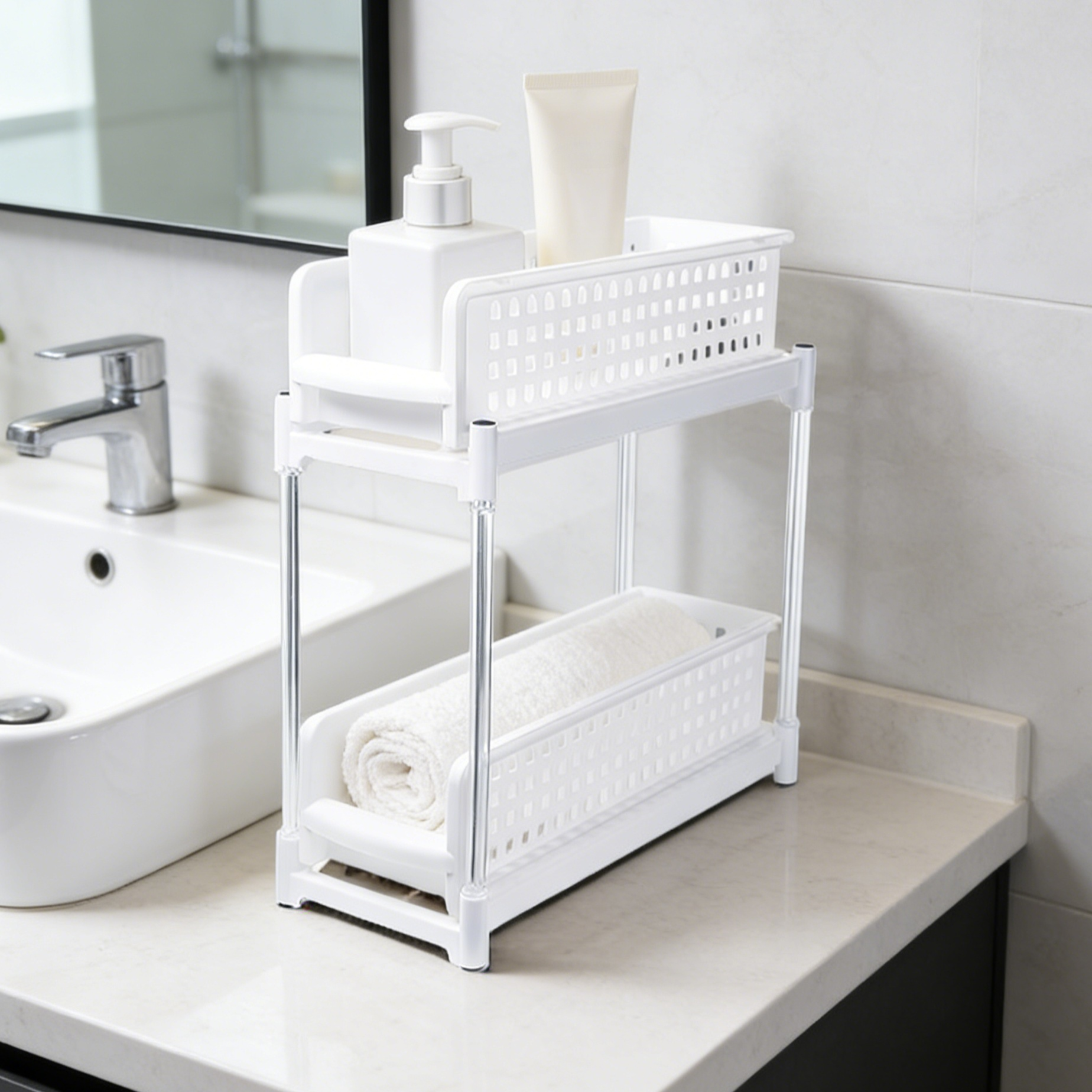 2段構造のプラスチック収納ラックの詳細