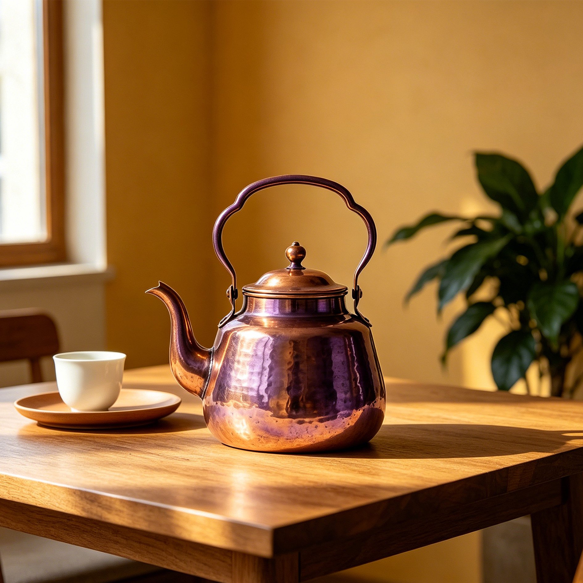 Elegant copper kettle boiling water on stove