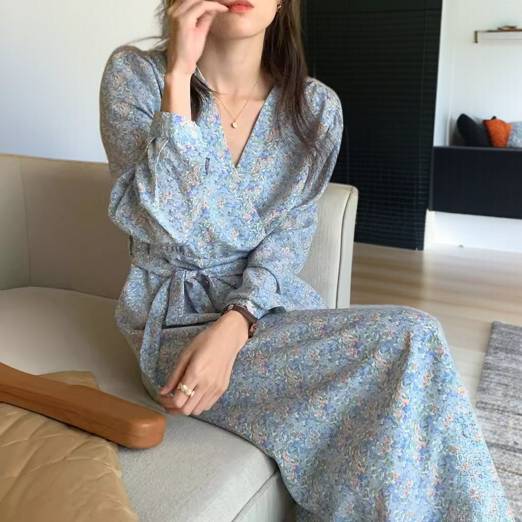 여성 원피스 허리 여리여리 플라워 롱 원피스 엘레강스 브이넥 도라지 스트링 원피스