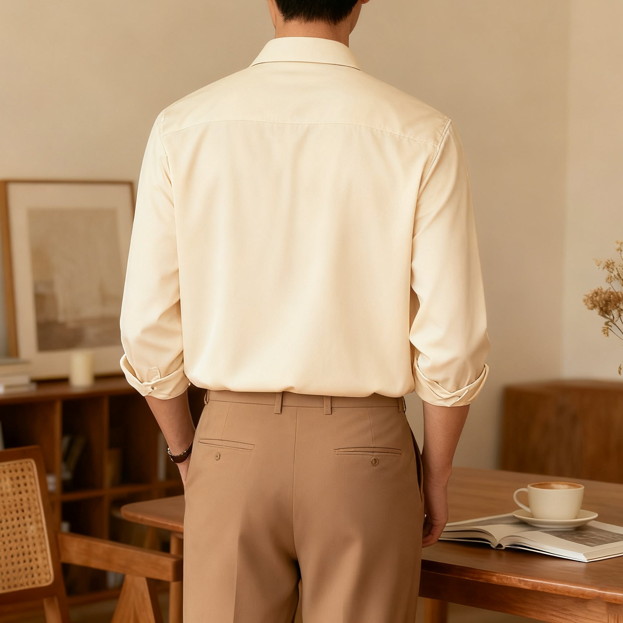 슬림핏 남성 긴팔 셔츠 착용컷