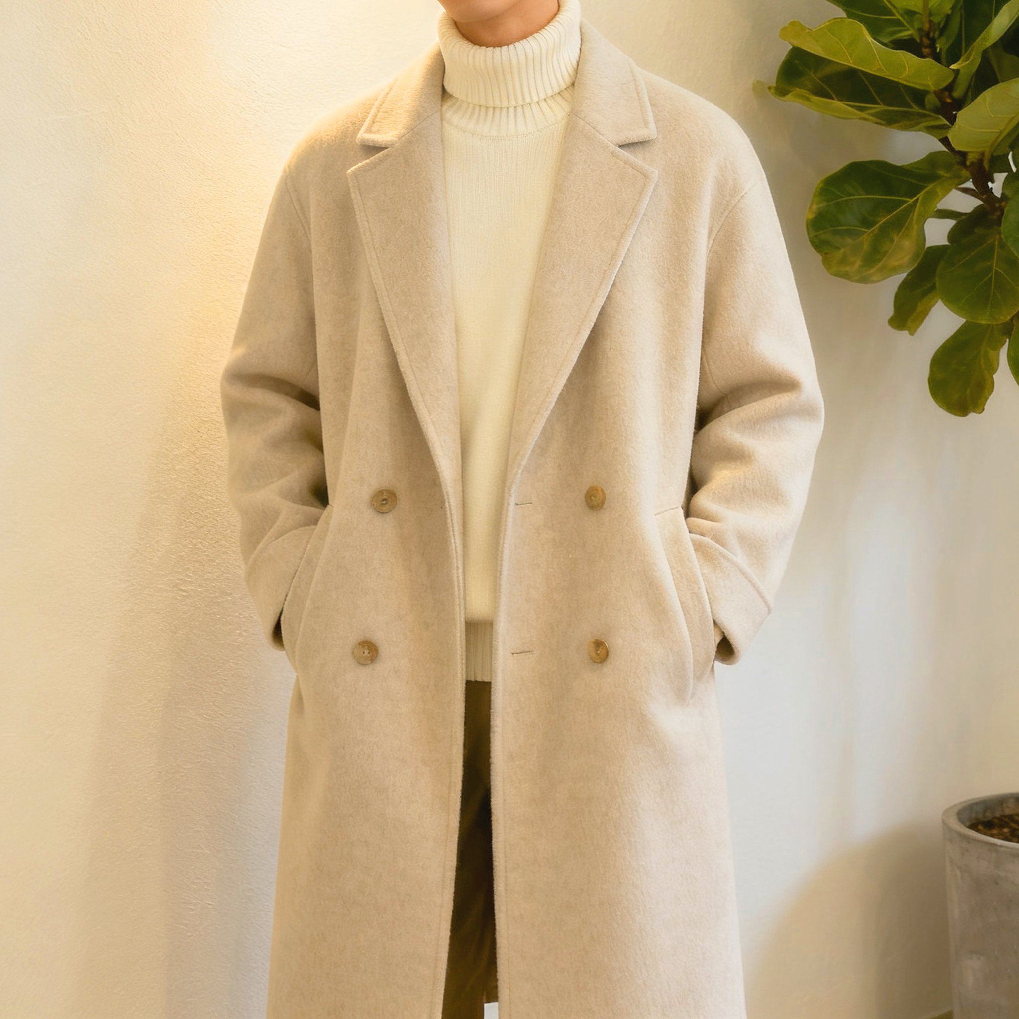 남성용 베이지 더블버튼 코트 정면 이미지