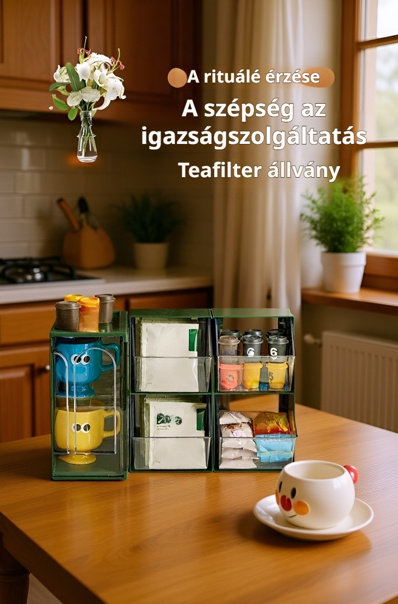 Transparentní čajový a kávový úložný stojan na stole