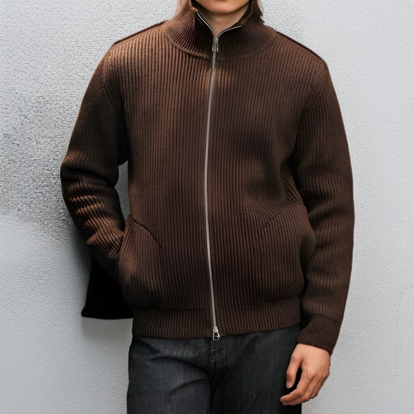 ストライプ柄ダブルジップウールカーディガン