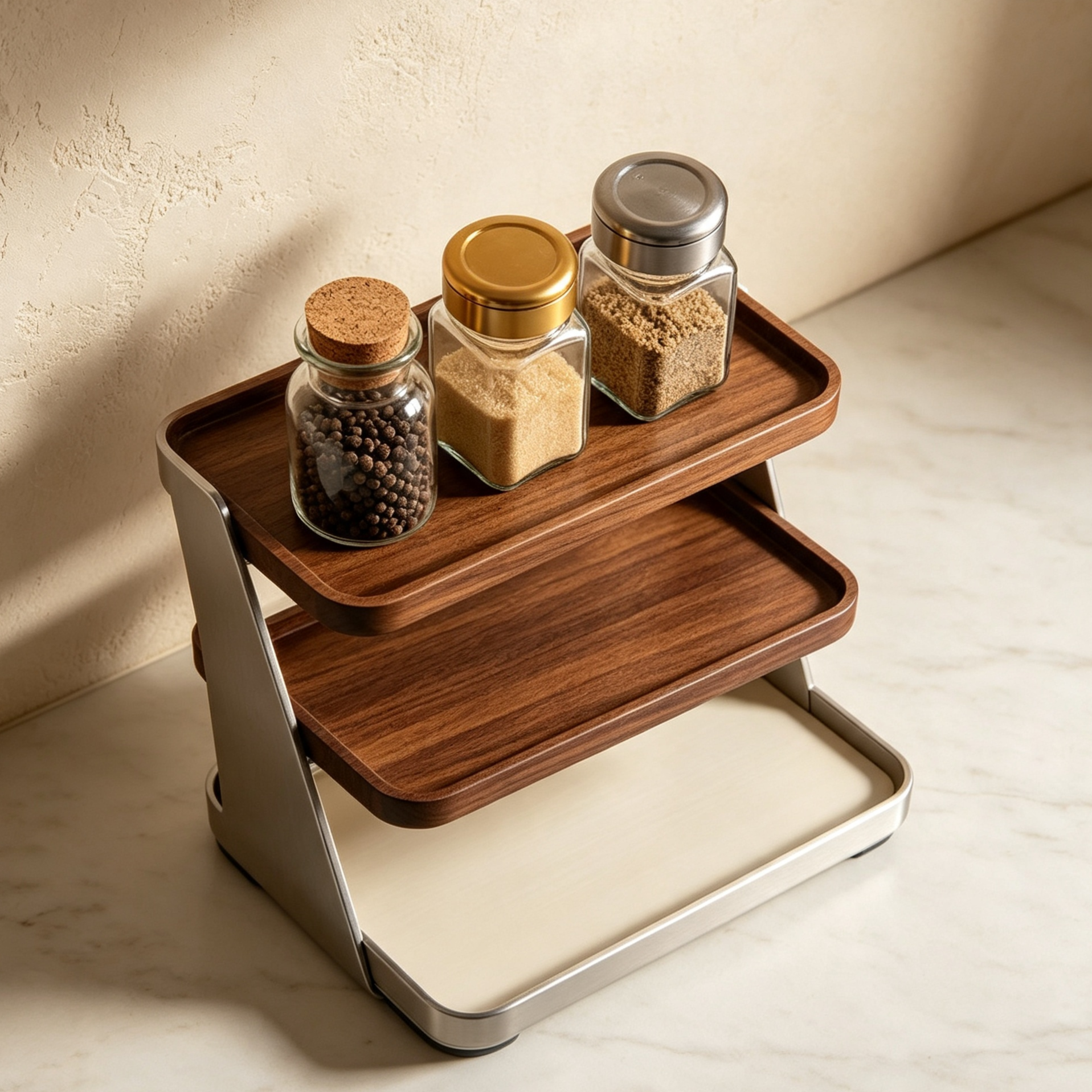 Side view of wooden countertop spice organizer with three tiers