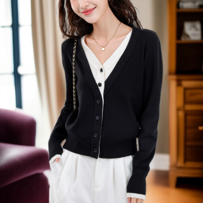 여성 니트 루즈핏 기질 레깅스 컬러링 페이크 투피스 긴팔 상의 얇은 니트