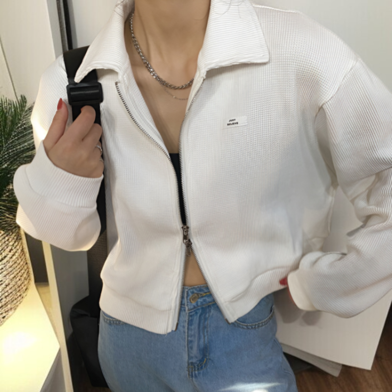 女性用ジッパー付きスポーツワッフルジャケット、春と秋のスタイル、万能カーディガン、学生向けの新しいスタイル、ショートトップス