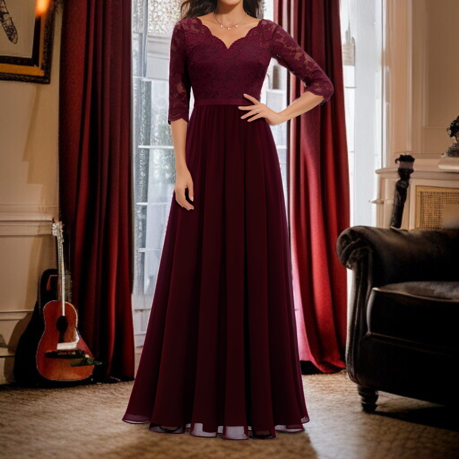 ウエストにフィットした、エレガントで洗練されたレーストリムの新作ロングドレス。