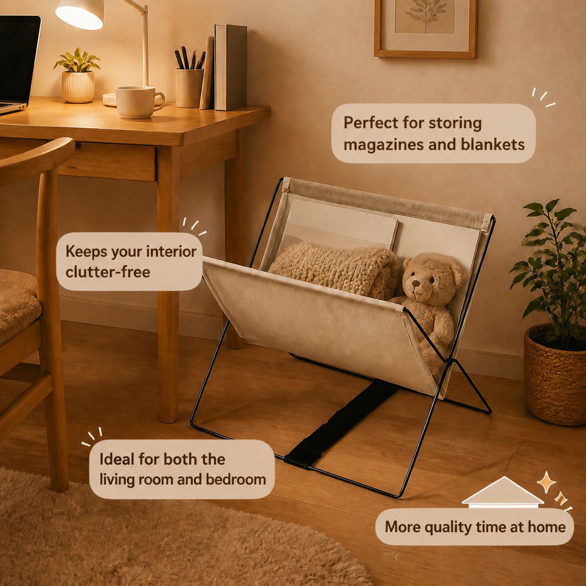 Foldable office bag storage rack, under-desk blanket and umbrella holder