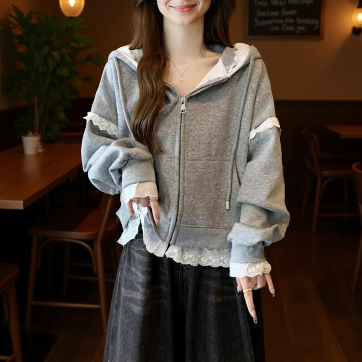 ヨーロッパ風レースフード付きパーカー・大きいサイズ・スリム効果・春秋新作