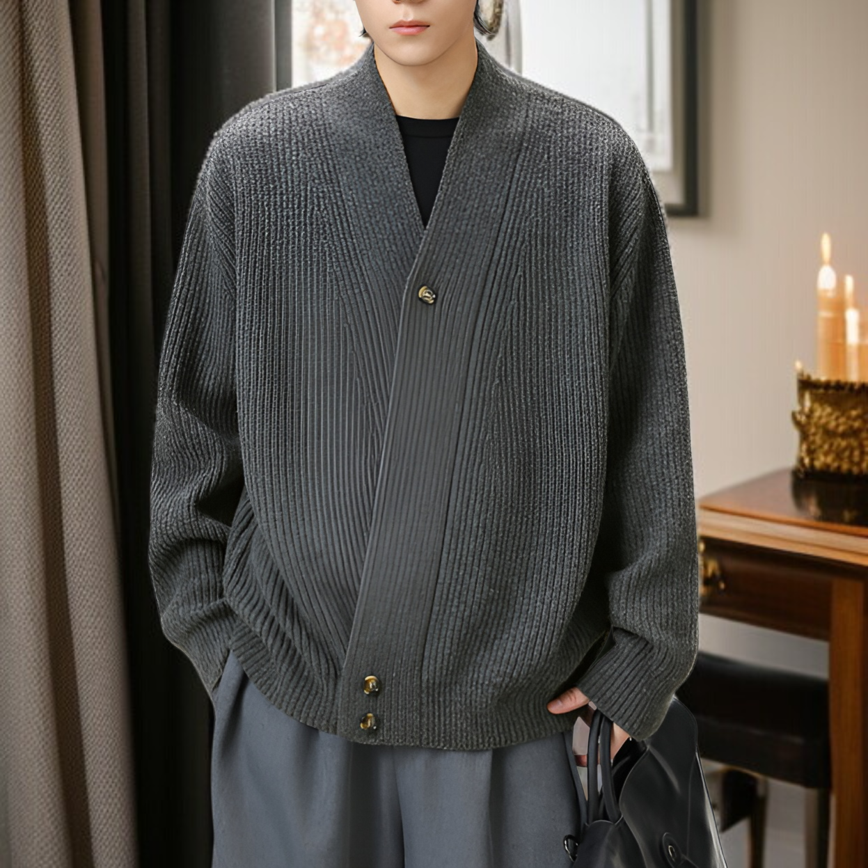 和風レトロ高級厚手斜め前立てニットウェア