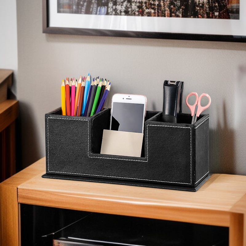  Factory Wholesale Simple Style Leather Dual Pen Cup and Drawer Storage Organizer for Stationery