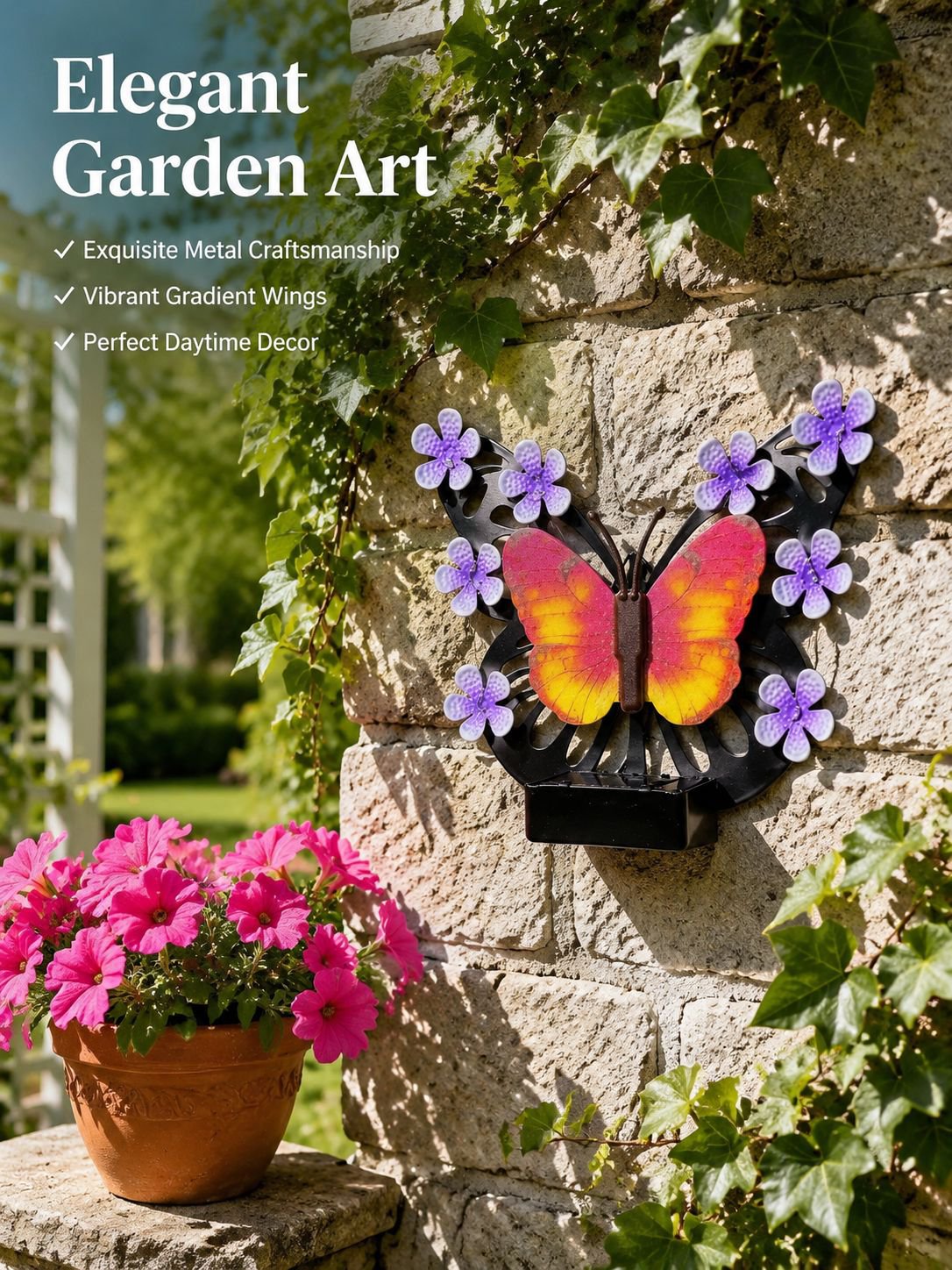Solar-powered butterfly wall lamp, outdoor waterproof decorative ambient landscape light, villa gard