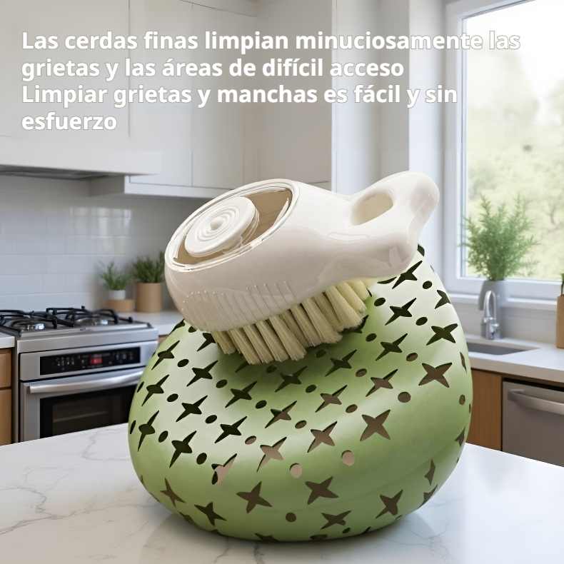 Cepillo limpiador de esquinas para fregadero con depósito de jabón