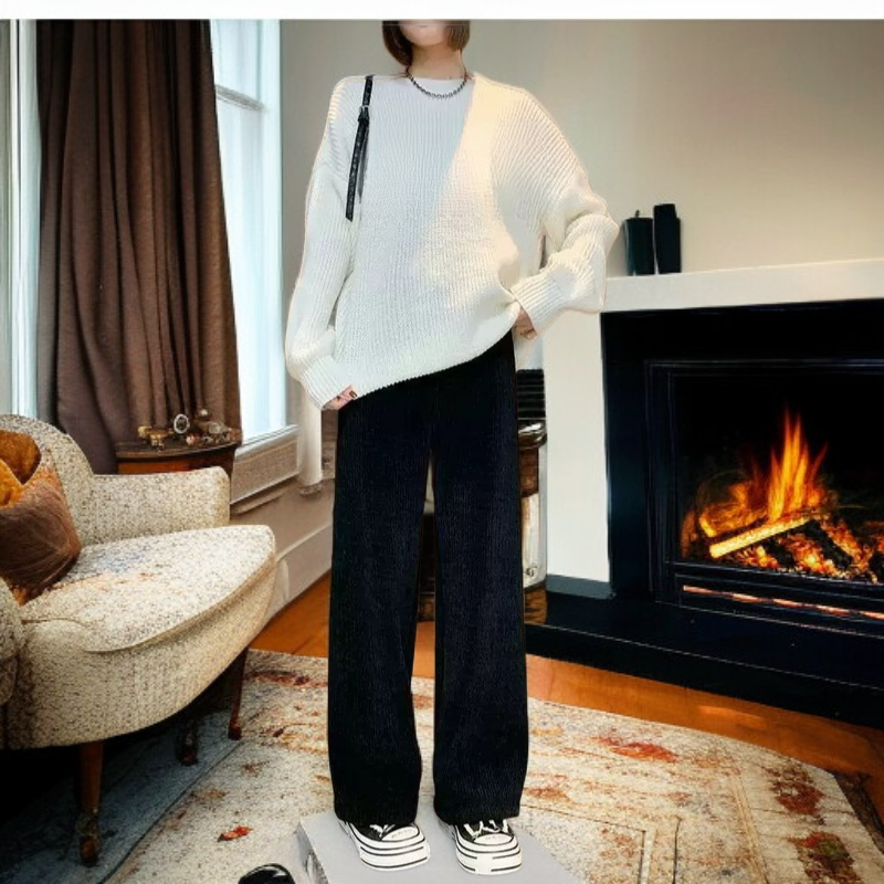 秋と冬の女性用のクリーム色のワイドレッグパンツに、ベルベットと厚みのあるハイウエストのルーズパンツで着痩せ効果があり、汎用性の高いドレープ性のカジュアルストレートパンツです。