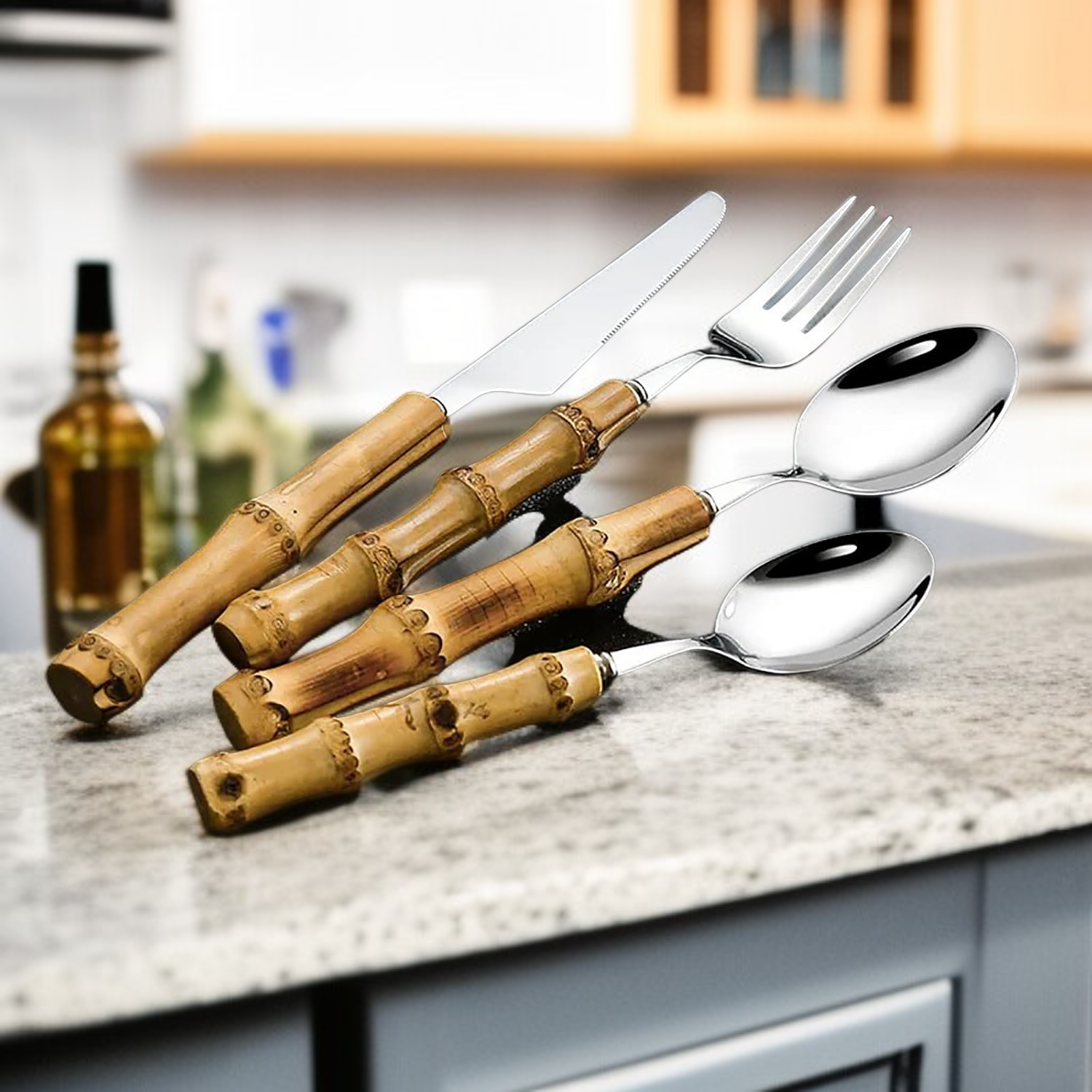 Natürliches Bambusbesteck-Set, handgefertigte Küchenutensilien mit Gabel und Löffel
