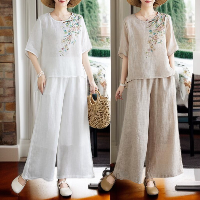 빈티지 프린트 라운드 세트 여 여름 풀오버 린넨 셔츠 얇은 와이드 팬츠 슬림해 보이는 면마 투피스