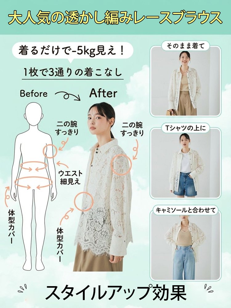  レディース透かし編み花柄レースブラウス