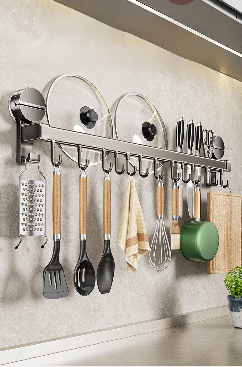 Estante de almacenamiento multifuncional de cocina gris metálico con barra colgante