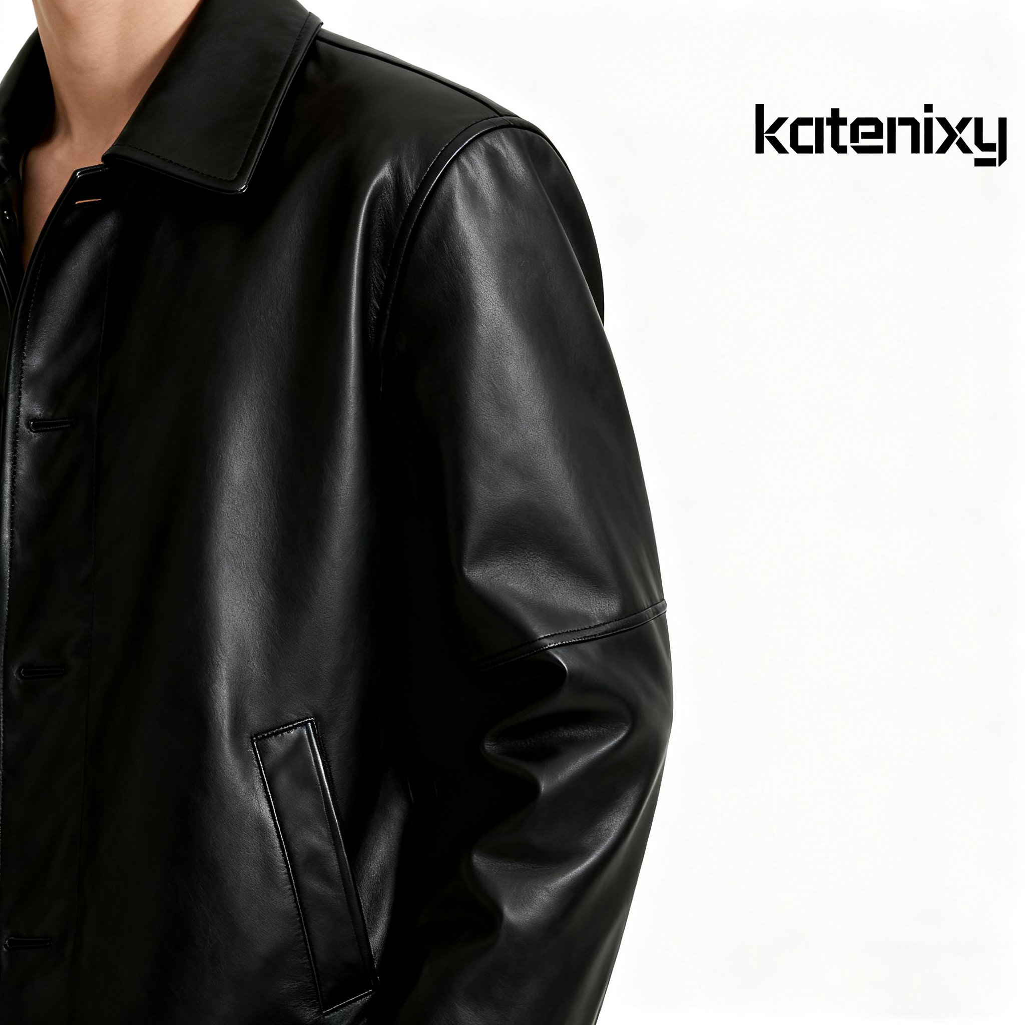 남성 모델이 착용한 블랙 가죽 재킷