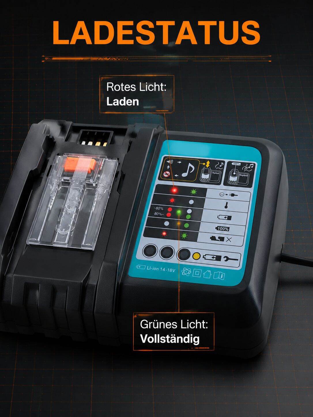 Effizientes Makita 18V Li-Ionen Ladegerät Vorderansicht