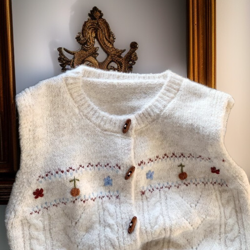 レトロなニットベスト、ハンドメイドの花柄セーター、ラウンドネック、重ね着、スイートなジャカードベスト、多用途でトレンディ。