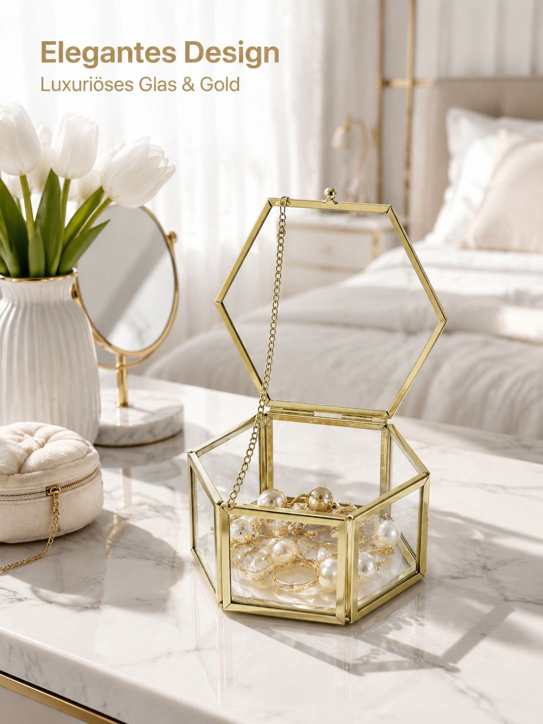 Luxuriöse vergoldete sechseckige Glas Schmuck- und Ringbox Aufbewahrungsbox