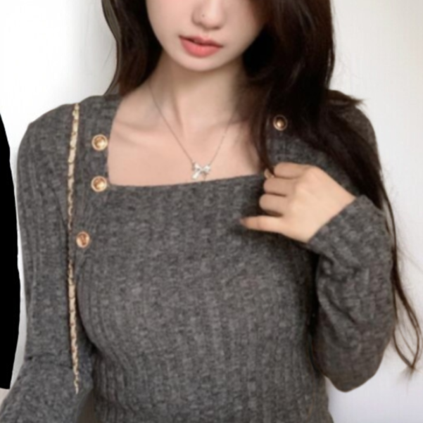 여성 가을 분위기 슬림 캐시미어 스웨터 언밸런스 디자인 숏 긴팔 니트
