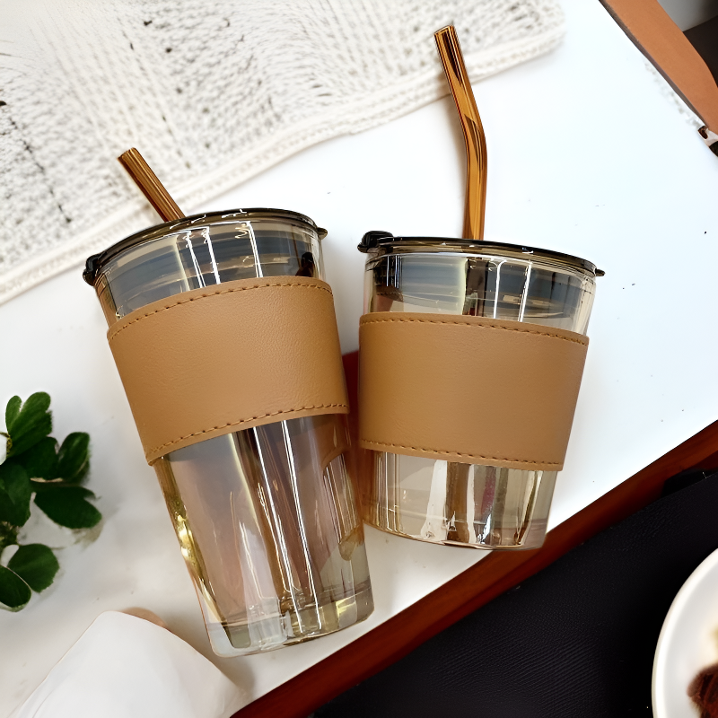 大容量簡約玻璃杯家用雙飲吸管水杯夏季高顏值咖啡杯