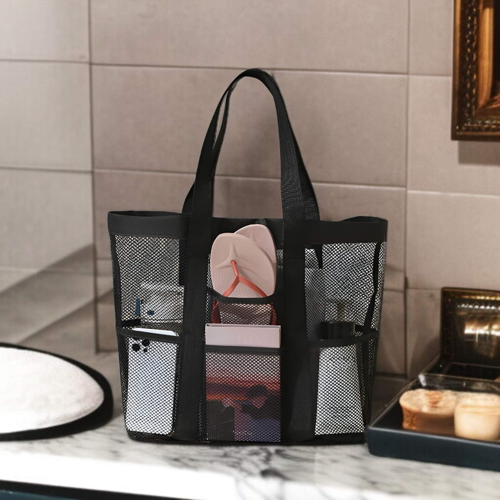 Strandtasche im neuen Stil, große Kapazität, Aufbewahrungstasche aus Netzgewebe für Reiseutensilien,