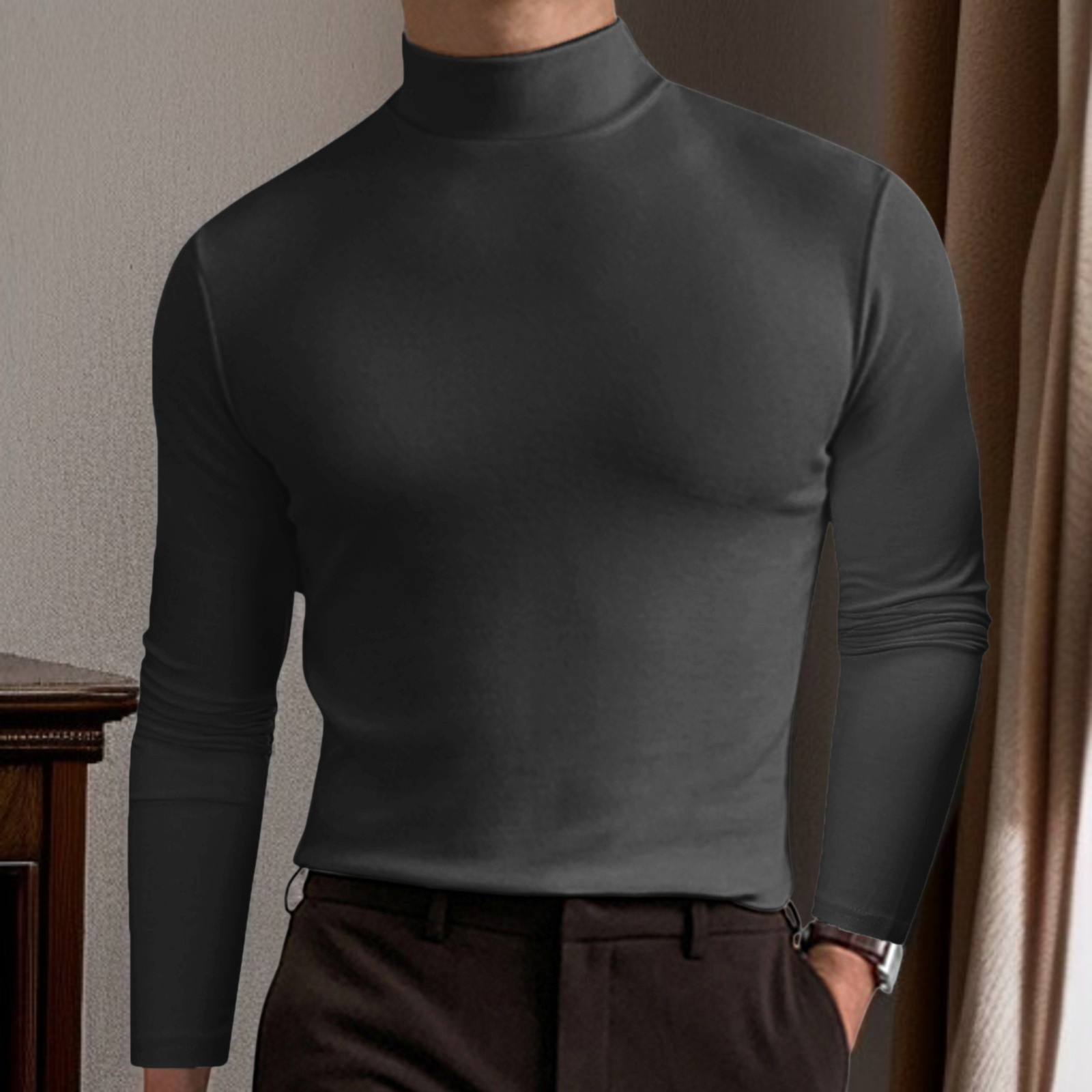 Men's solid color high neck long sleeved base shirt