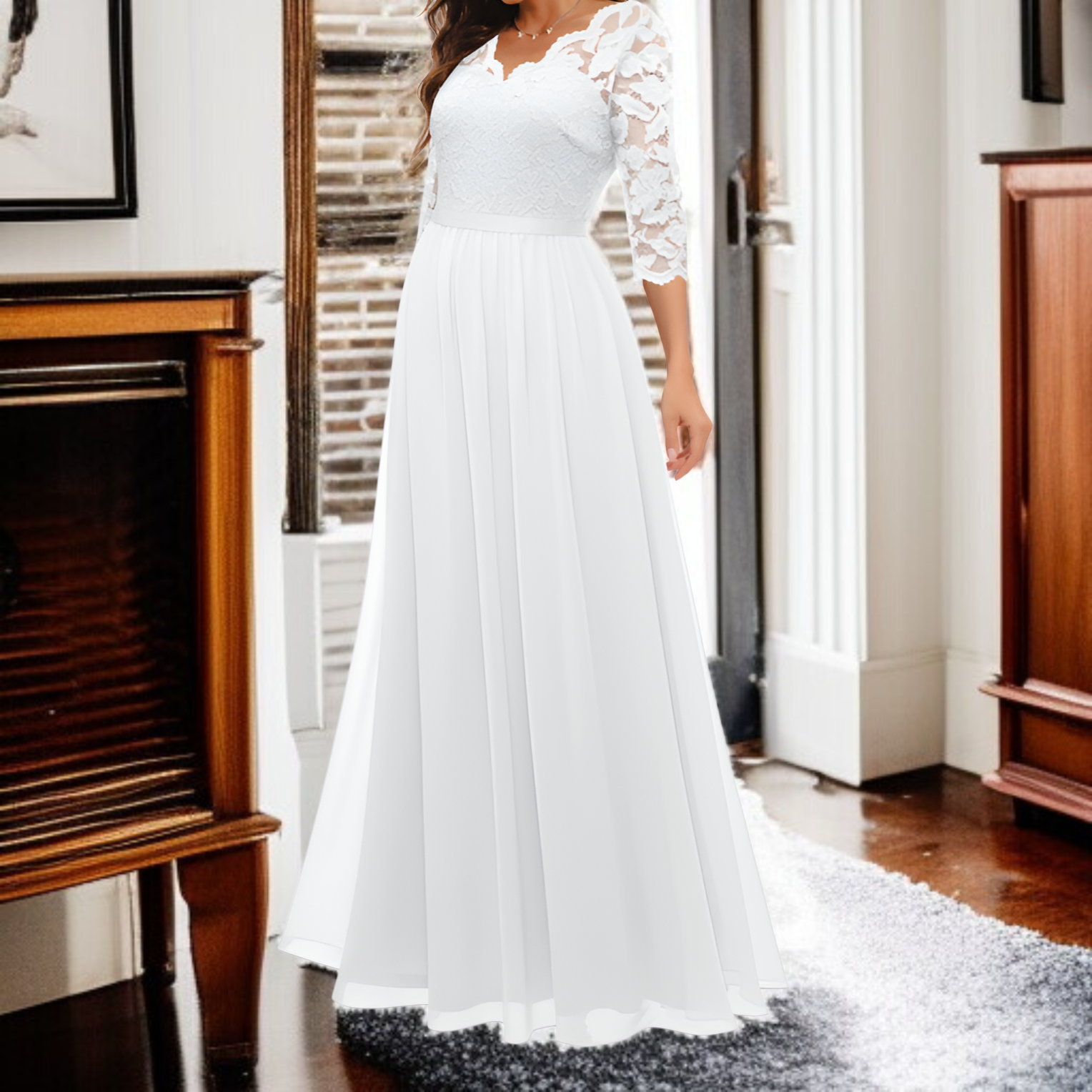 ウエストにフィットした、エレガントで洗練されたレーストリムの新作ロングドレス。