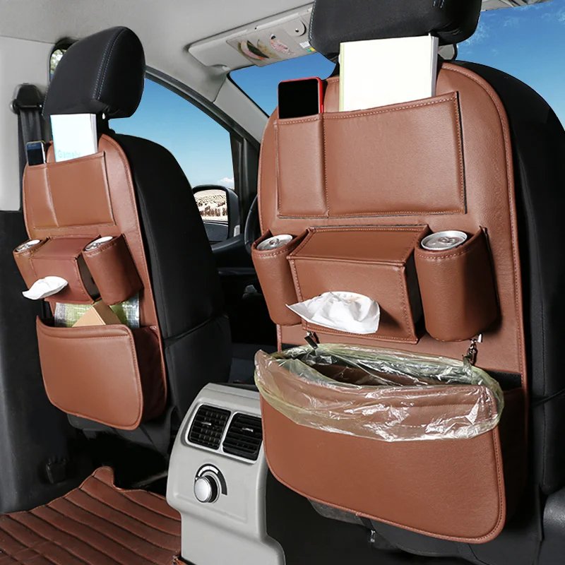 Car seat backrest organizer with multiple pockets for storage